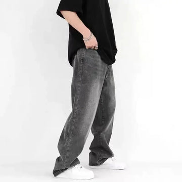 Men's Vintage Greywashing Jeans Loose-Fit Straight-Leg Wide-Leg Slim Fit Denim Pants Trendy Korean Style
