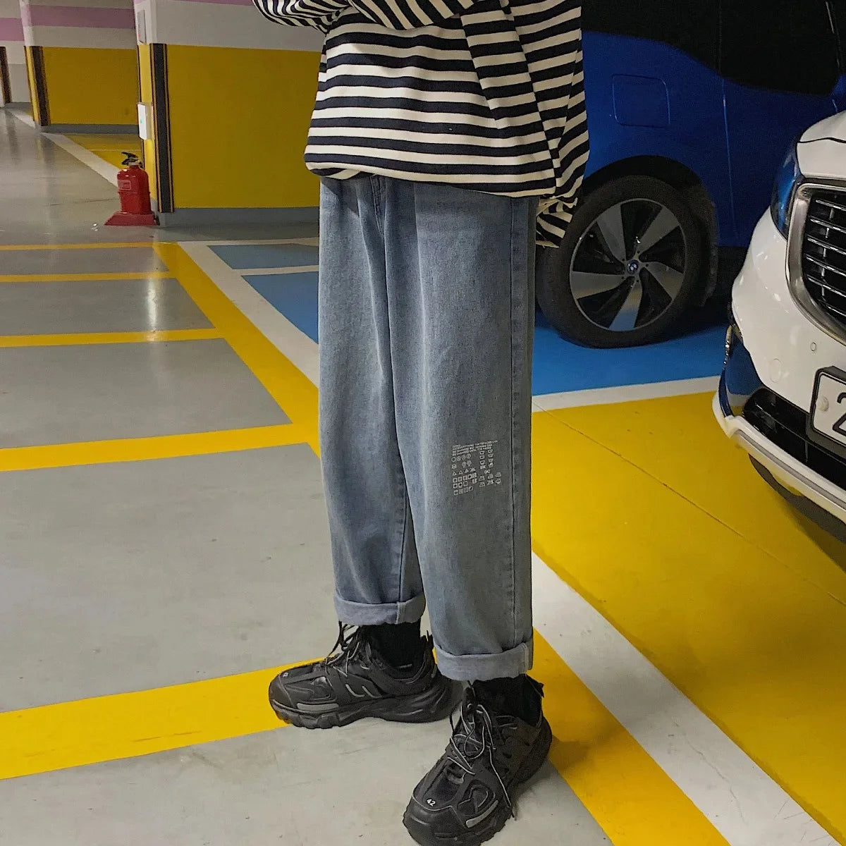 Korean-Style Men's Jeans Straight-Leg Pants Loose-Fit Cropped Pants Trendy Harajuku Style Casual Denim Pants