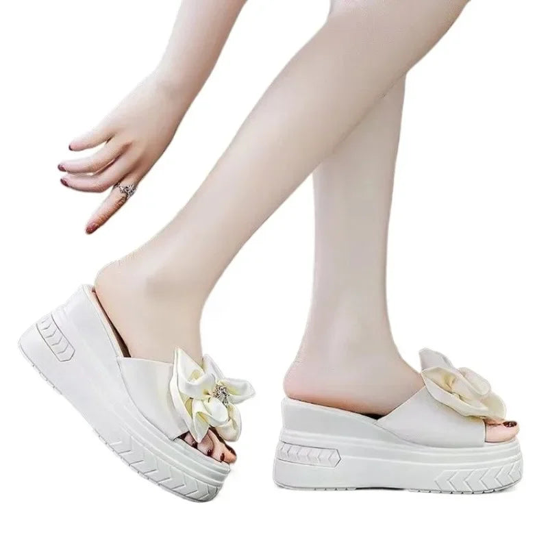 Casual Slippers Women 2025 Ladies Shoes Open Toe Women's Slippers Platform Round Toe Butterfly-knot Wedges Outdoor Brand Sandals