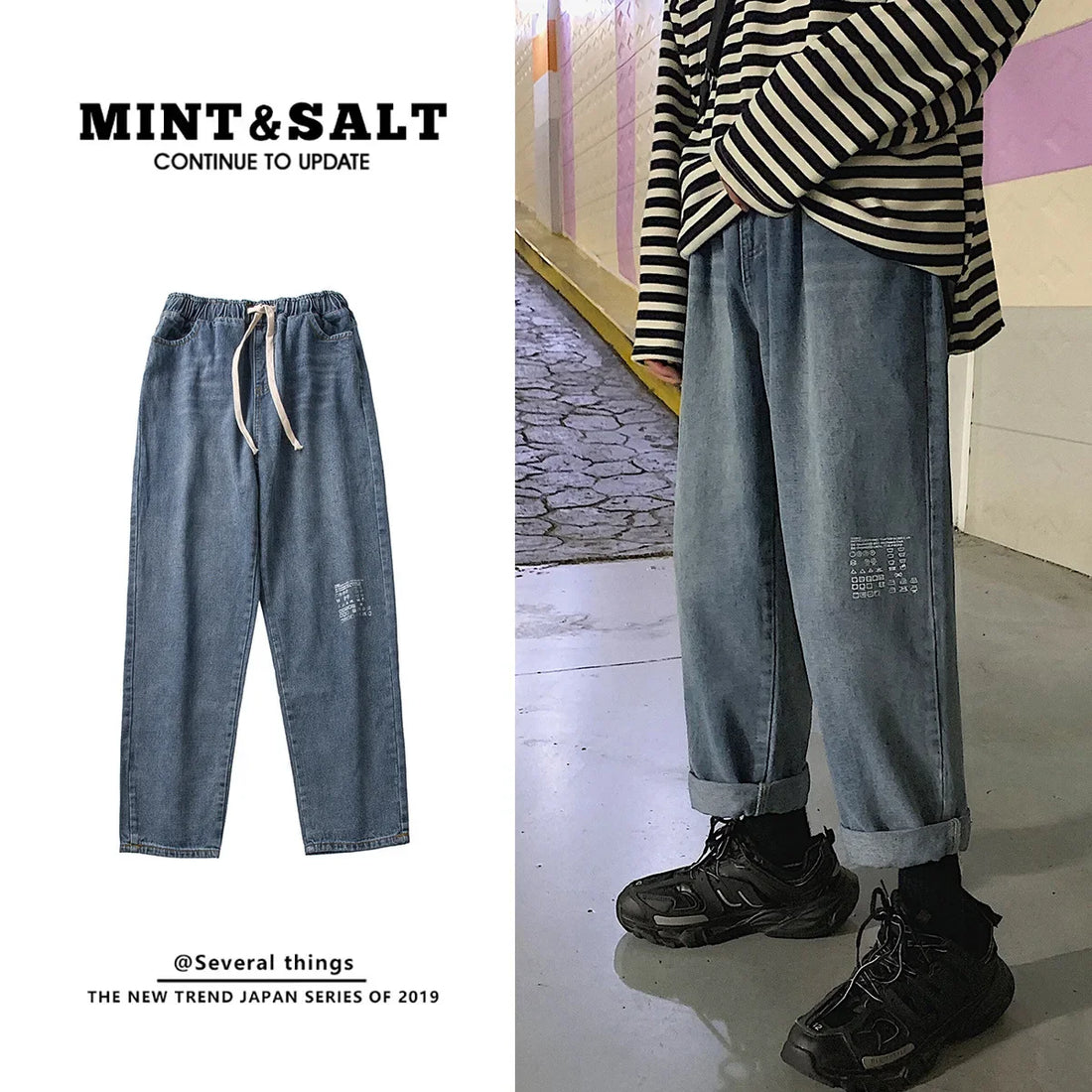 Korean-Style Men's Jeans Straight-Leg Pants Loose-Fit Cropped Pants Trendy Harajuku Style Casual Denim Pants