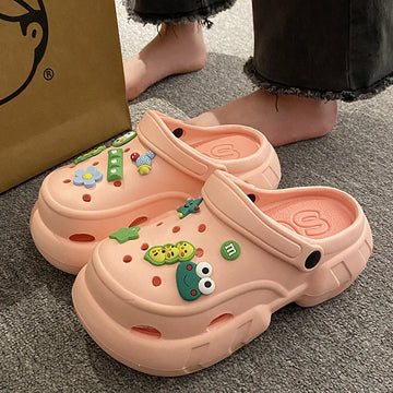 2024 New Sandals DIY Cute Cartoon frog Clogs Women 5cm Platform Beach Slippers Cave Hole Female Garden Shoes For Students Girls