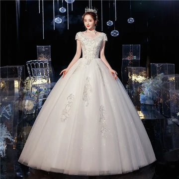 2023 New style Cheap Lace Embroidery Cap Sleeve Wedding Dresses Bride Gown V Neck Elegant Plus Size Vestido De Noiva real photo