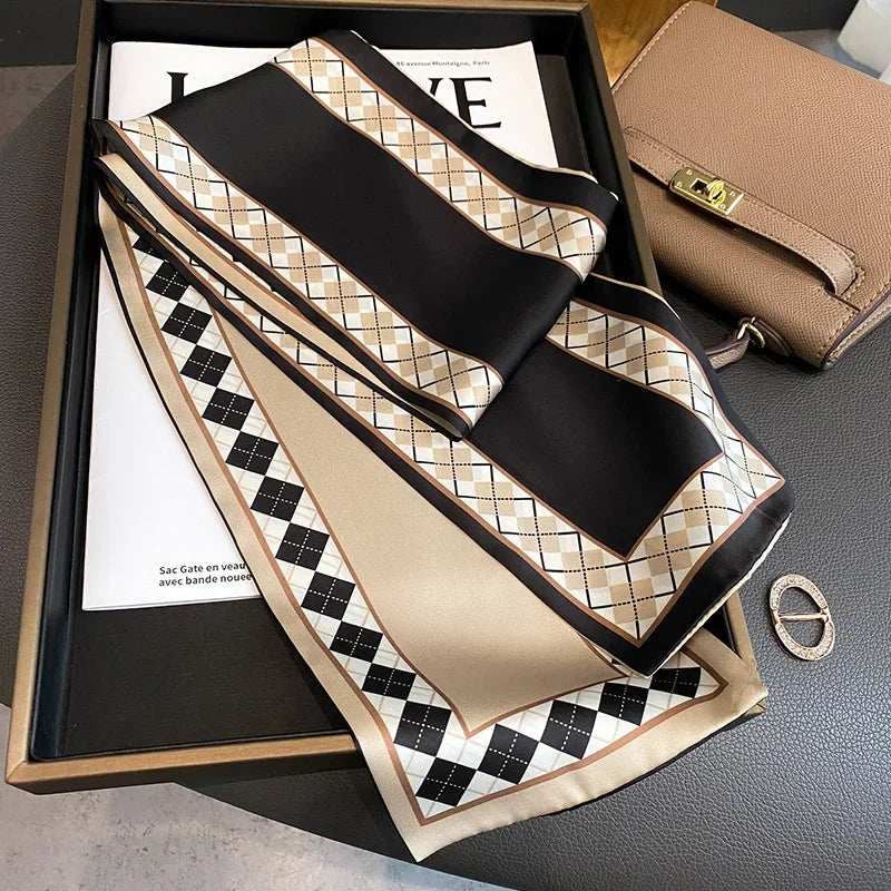 Luxury Design Ribbon Silk Scarf for Women Lattice Print Soft Satin Neck Tie Headbands Foulard Lady Hairbands Hands Bag Ribbons