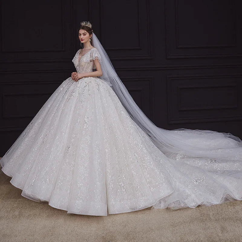 Customized Shiny Lace Ivory Wedding Dress 2025 New Bridal Elegant Tail Forest Series Super Fairy Dreamy V-neck Wedding Ball Gown