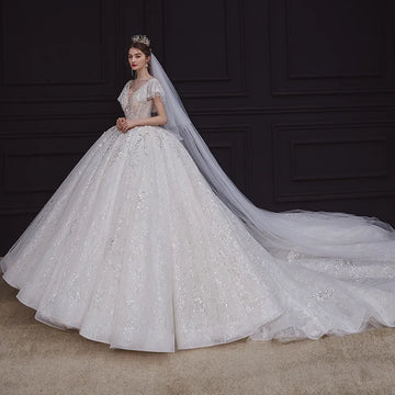Customized Shiny Lace Ivory Wedding Dress 2025 New Bridal Elegant Tail Forest Series Super Fairy Dreamy V-neck Wedding Ball Gown