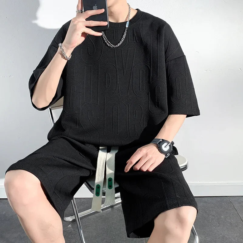 Casual Loose-fit Short Sleeve Men's T-shirt Shorts Set Fashionable Summer Trendy For Overweight Men