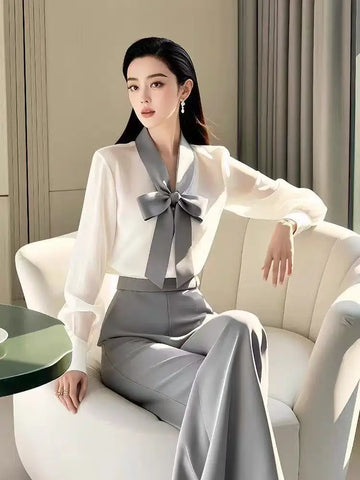 2-Piece Outfits Sets for Women Bow Tie Long Sleeve Shirt Women 2025 New Fashion Temperament Blouses Office Ladies Work Tops