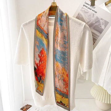 Retro Oil Painting Print Crepe Ribbon Silk Scarfs for Women Fashion Headband Neck Ties Female Soft Hairband Neckerchief Gift