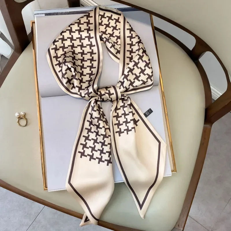 Silk Scarf Ribbon 15*150cm Plaid Print Women Foulard Bandana Hair Hijab Fashion Female Skinny Scarfs Lady Bag Neck Ties Scarves