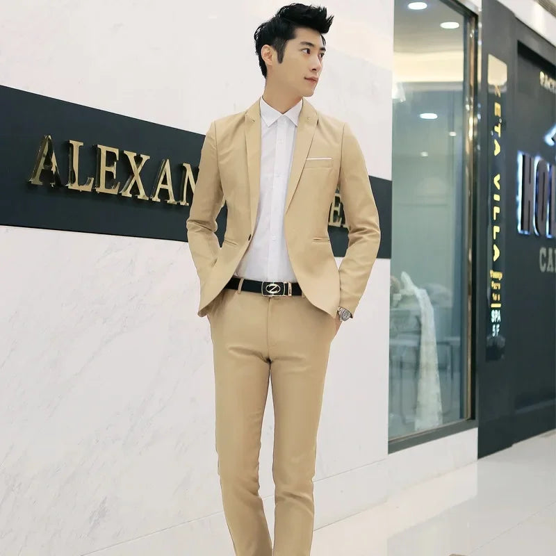 Casual Slim Fit Men's Suit Set Korean Style Business Wedding Groomsmen Formal Wear Comfortable Breathable Male Model Outfit