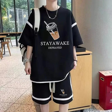 Casual Sportswear Set For Men Summer Preppy Styles Short Sleeves Trendy Brand Clothing 2-Piece Set Youth Shorts