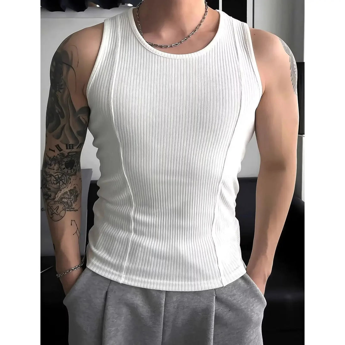 American Style Cotton Screw Thread Vest Tank Top For Men Hard Han Tight Elastic Sleeveless T-Shirt Quilted Design Casual Trendy