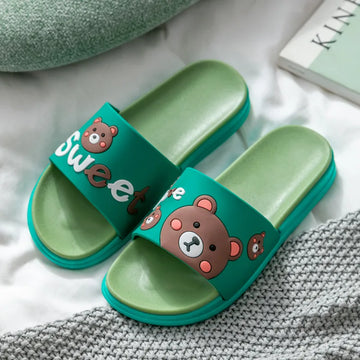 Women's Outer Wear Green Cartoon Bear Slippers Cute Durable For Bathroom Use In Summer
