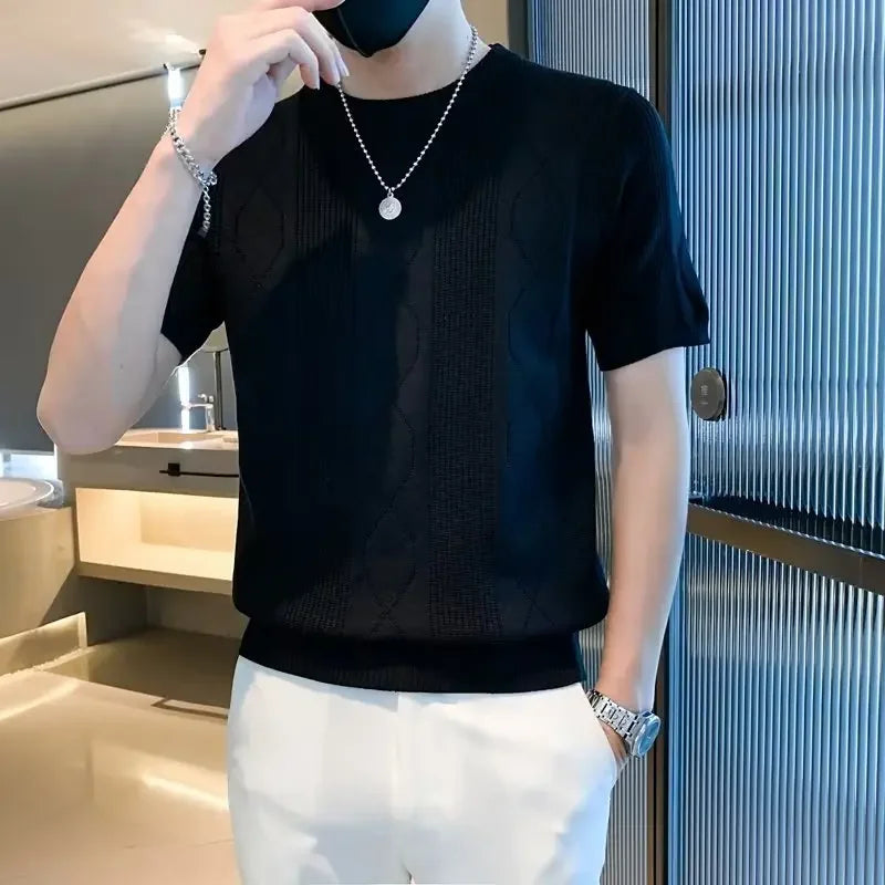 New Men's Half Sleeve T-Shirt Slim Fit Knit Jacquard Trendy Korean Style Solid Color Round Neck Sweater Body Shirt For Men