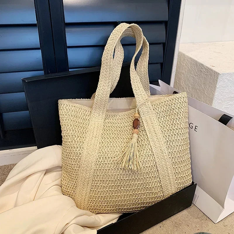 Elegant Ladies Straw Woven Handbag Women Holiday Beach Commute Casual Tote Top-Handle Bags Fashion Retro Shoulder Bags 2025