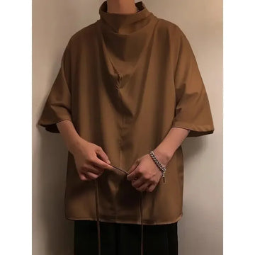 Summer Dull Black Loose-Fit Casual Thin Short Sleeve T-Shirt Men's Unique Simple Design Mountain Style Stack Neck Crew Neck
