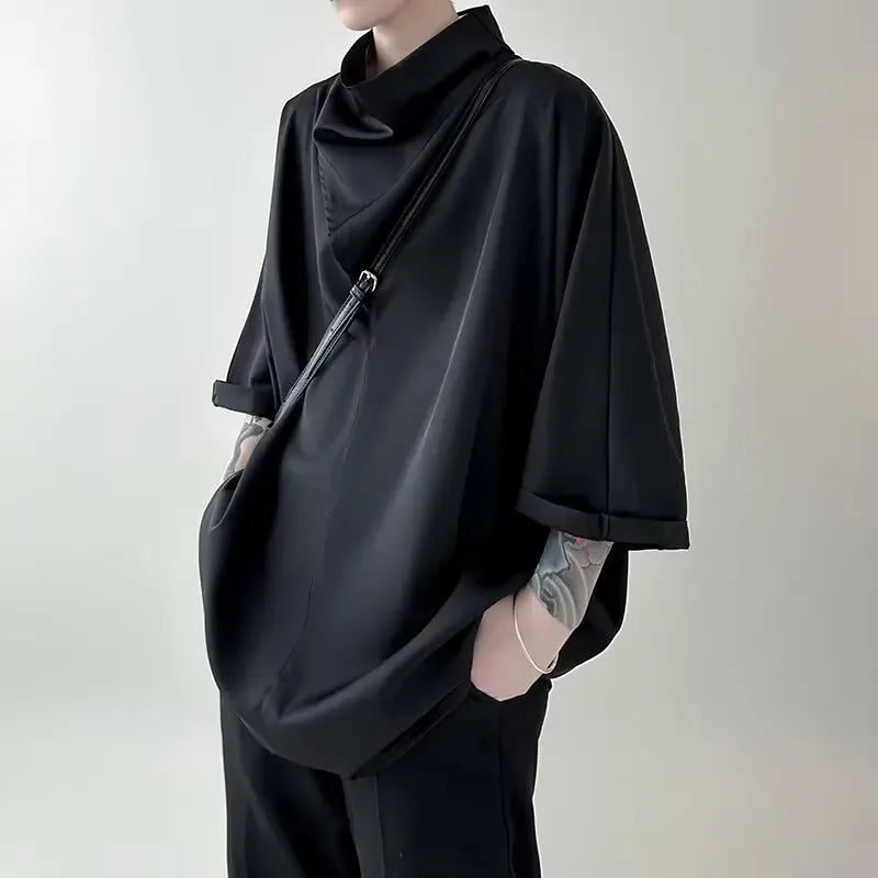 Summer Dull Black Loose-Fit Casual Thin Short Sleeve T-Shirt Men's Unique Simple Design Mountain Style Stack Neck Crew Neck