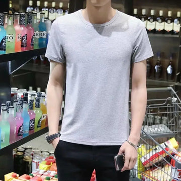 Trendy Solid Color Base Layer Top For Young Men Casual Half Sleeve T-Shirt Round Neck Slim Fit Korean Style Summer Fashion