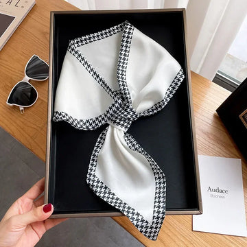 Luxury Houndstooth Print Silk Scarfs Women Bag Ribbons Foulard Office Skinny Neckerchief Neck Hands Ties Satin Female Hairband