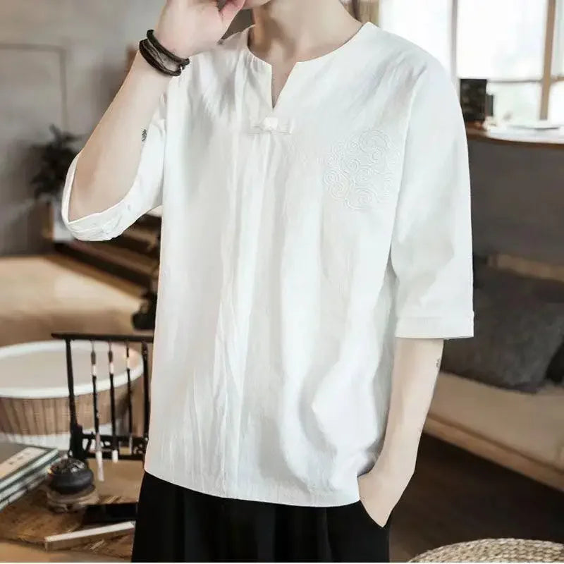 Versatile Men's T-shirt Embroidery V-neck Short Sleeves Cotton Linen Top Men's Clothing