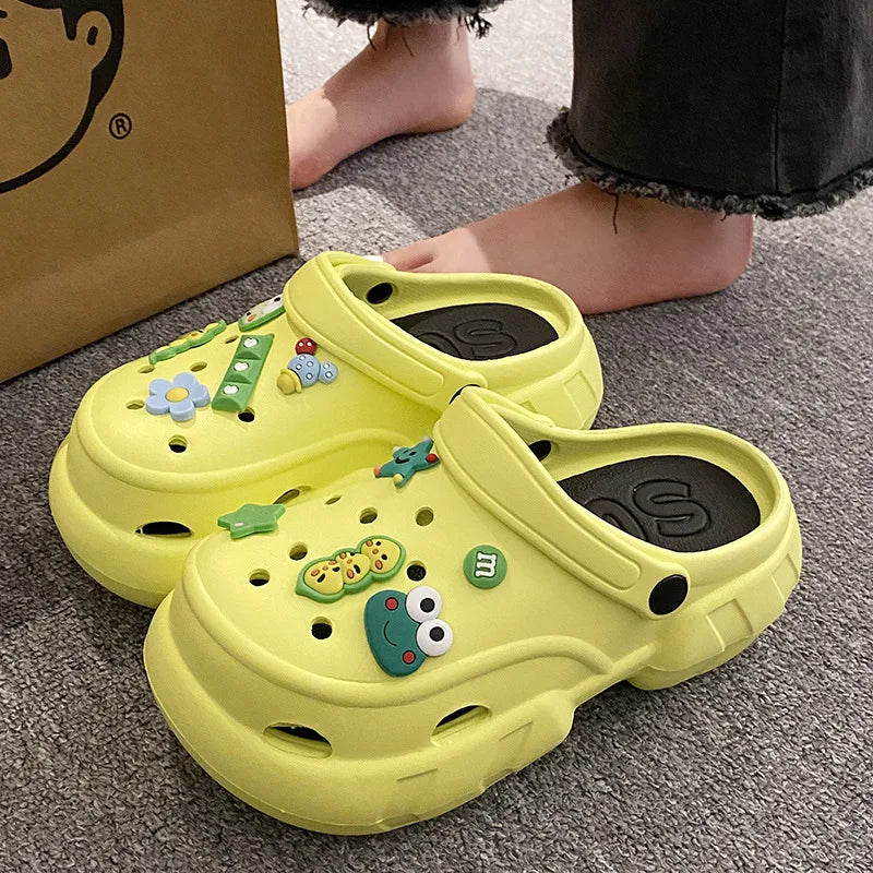 2024 New Sandals DIY Cute Cartoon frog Clogs Women 5cm Platform Beach Slippers Cave Hole Female Garden Shoes For Students Girls