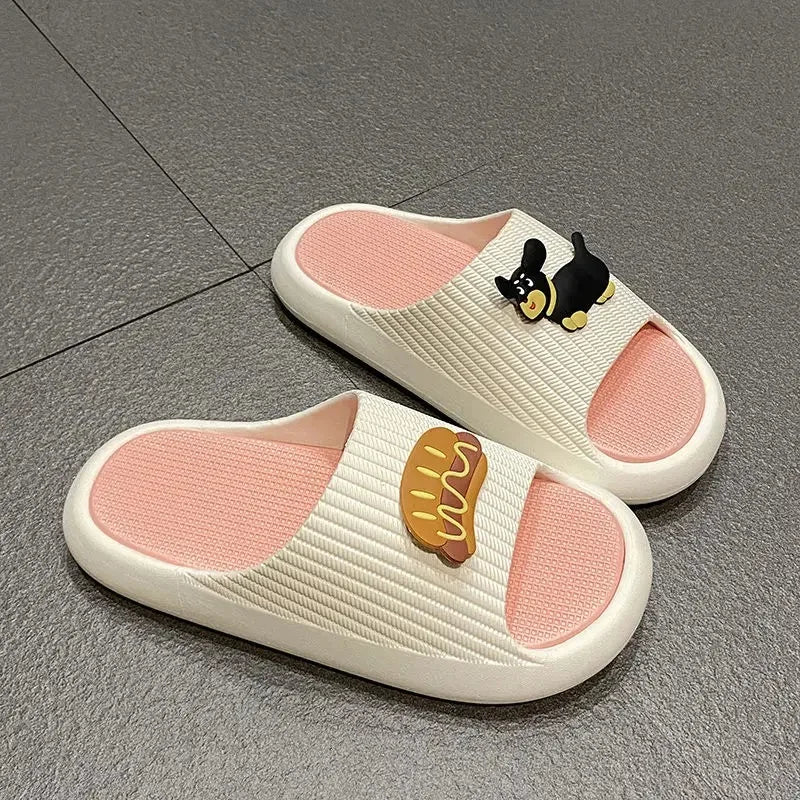 Trendy Cartoon Hot Dog Slippers For Women Soft Sole Indoor Anti-Slip Summer Outdoor Wear PVC Material Leisure Style