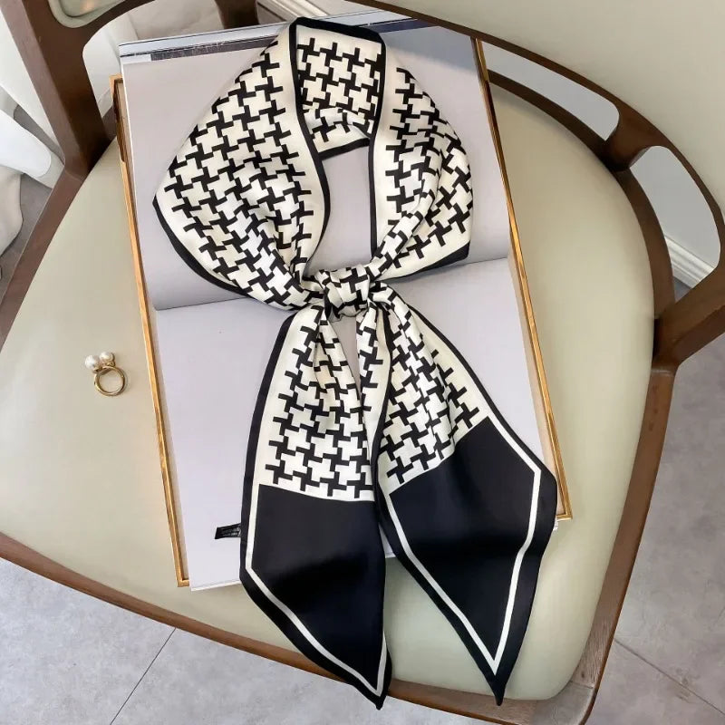 Silk Scarf Ribbon 15*150cm Plaid Print Women Foulard Bandana Hair Hijab Fashion Female Skinny Scarfs Lady Bag Neck Ties Scarves