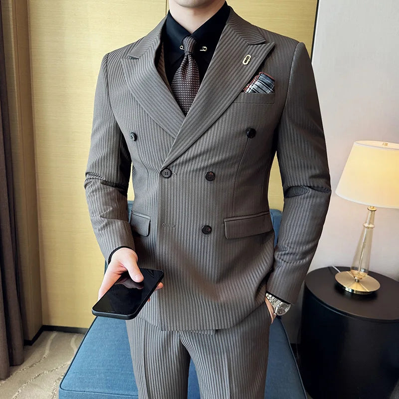 2024 High-quality Korean Version Slim (suit + Vest + Trousers) Stylish and Handsome Striped Double-breasted Suit Three-piece Set