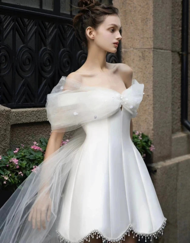 Y&M Novias Customized Off the Shoulder Satin Wedding Dresses Sweet Mini Dress Vestidos De Novia Dresses For girls Real Photo