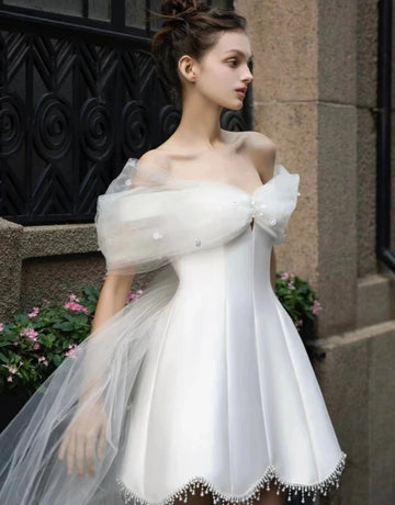 Y&M Novias Customized Off the Shoulder Satin Wedding Dresses Sweet Mini Dress Vestidos De Novia Dresses For girls Real Photo