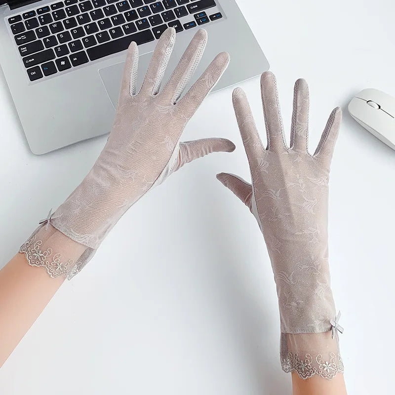 29cm Summer Ice Silk Women Lace Sunscreen Gloves Thin Breathable Touch Screen Mid-length Non-slip Exquisite Driving Transparent