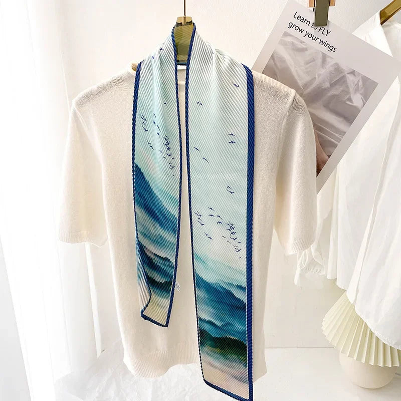 Retro Oil Painting Print Crepe Ribbon Silk Scarfs for Women Fashion Headband Neck Ties Female Soft Hairband Neckerchief Gift