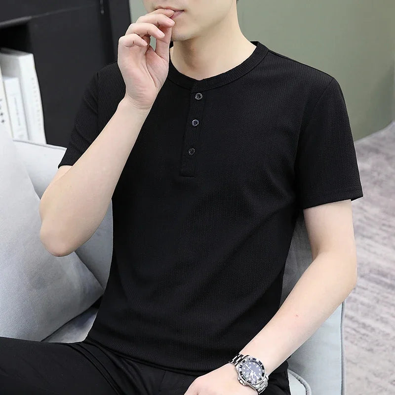TFETTERS 2025 Summer Tops Men England Style T-shirt Button Collar Anti-wrinkle Short Sleeve Tee Shirt Homme Dayily Men Clothes