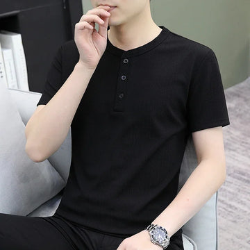 TFETTERS 2025 Summer Tops Men England Style T-shirt Button Collar Anti-wrinkle Short Sleeve Tee Shirt Homme Dayily Men Clothes