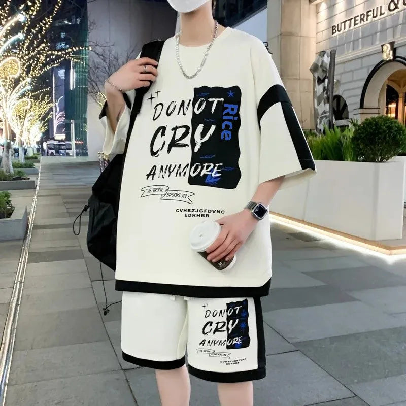 Men's Fashionable Versatile Loose-Fit Summer T-Shirt Suit Casual 2-Piece Set Sports Style Printed Short Sleeves