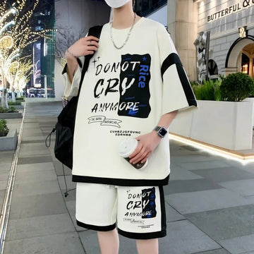 Men's Fashionable Versatile Loose-Fit Summer T-Shirt Suit Casual 2-Piece Set Sports Style Printed Short Sleeves