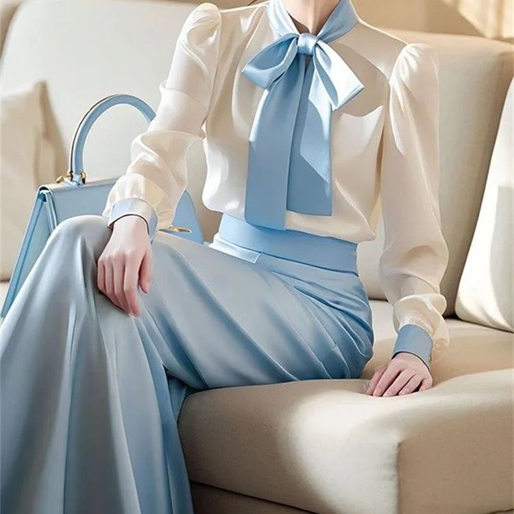 Shirt Ladies Trouser Spring Autumn Wide Leg Holiday Outfits Women's Blouse and Pants Two Piece Set 2024 Sexy Chic Elegant Full