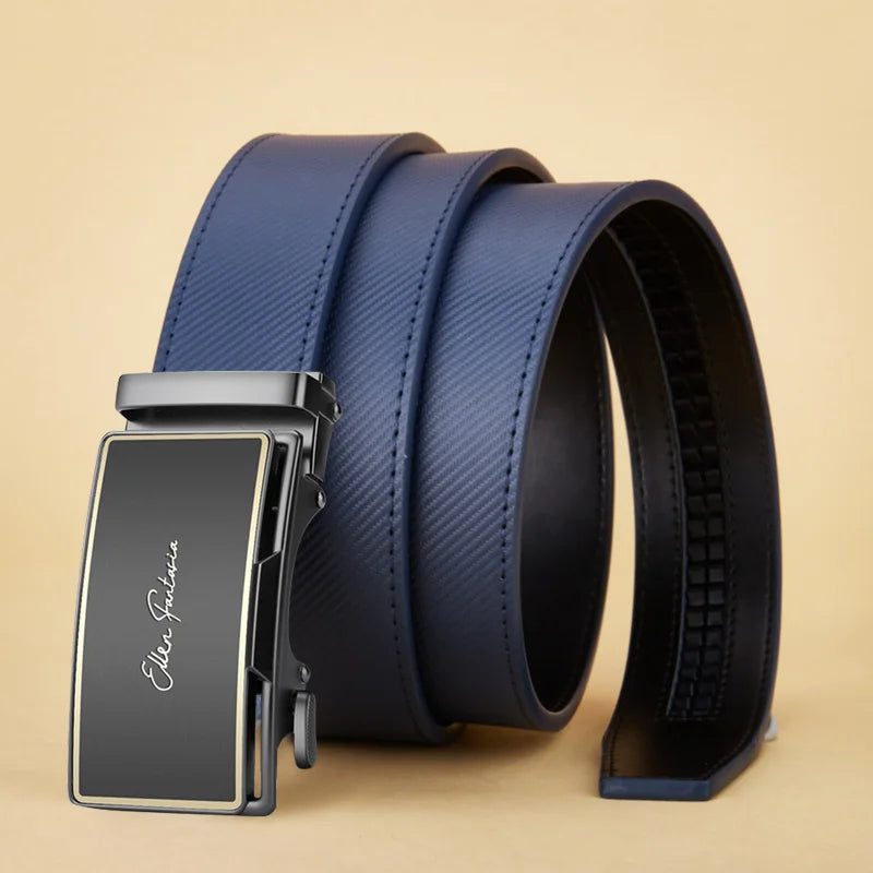 OYIFAN Men's Belt Blue Striped Belt Fashion Jeans Belt Genuine Leather Belt Automatic Buckle Belts