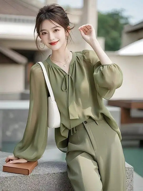 High Quality Tops and Pant 2 Pieces Sets for Women Wear To Work Office Summer 2025 Elegant Office Professional Wide Leg Trousers