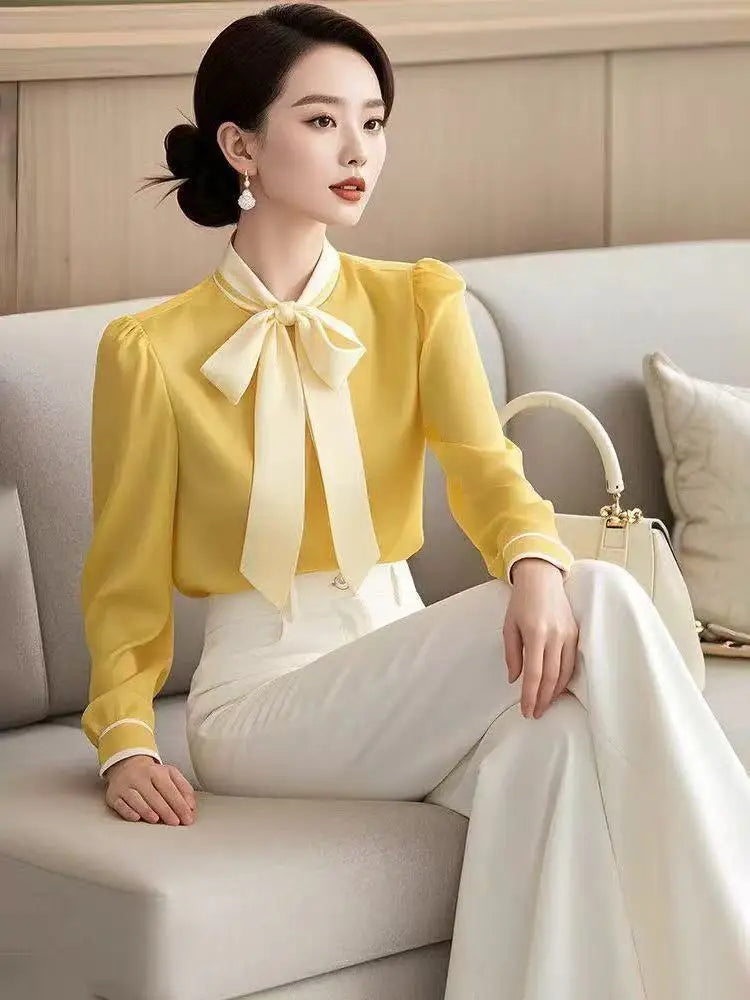 2-Piece Outfits Sets for Women Bow Tie Long Sleeve Shirt Women 2025 New Fashion Temperament Blouses Office Ladies Work Tops
