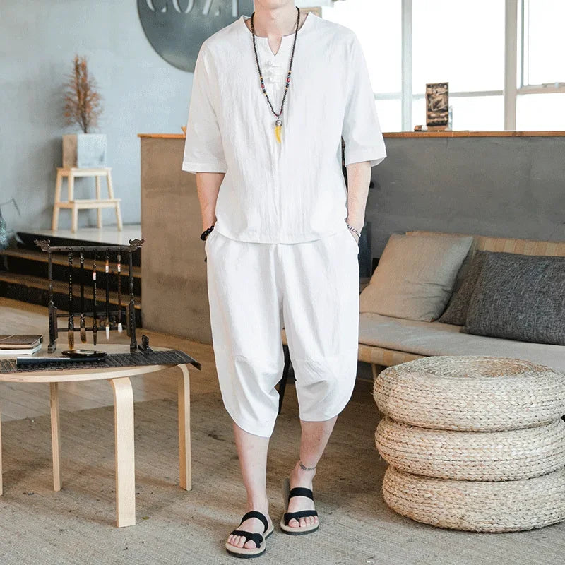 Men's Loose-fit Casual Pants Set Chinese Style Cotton Linen Short Sleeve Shirt Seven-point Shorts Two-piece Suit
