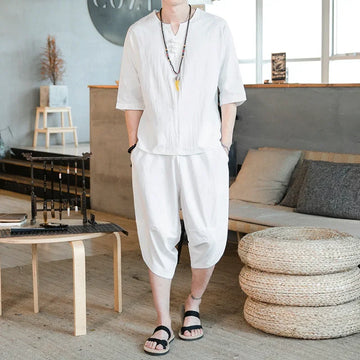 Men's Loose-fit Casual Pants Set Chinese Style Cotton Linen Short Sleeve Shirt Seven-point Shorts Two-piece Suit