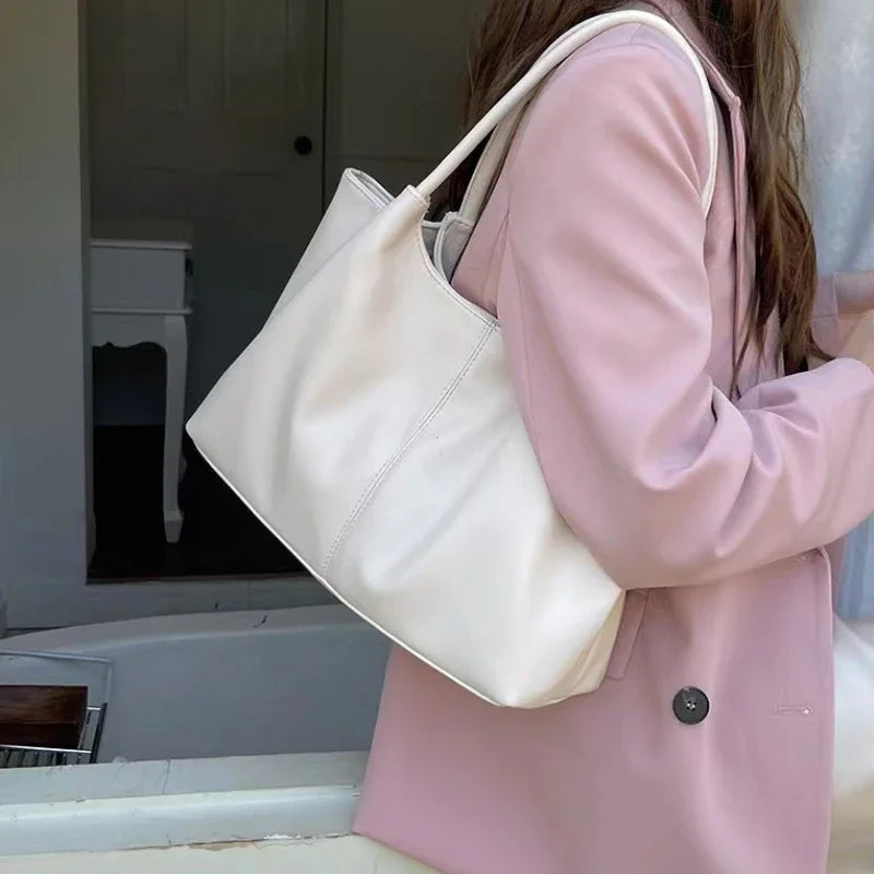 Simple White Shoulder Bag 2025 Women's PU Leather Soft Underarm Tote Bag School Large Capacity Bag Full Student Shopping Handbag