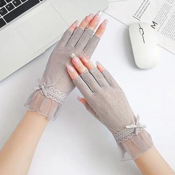 Women Summer Ice Silk Sexy Lace Thin Sunscreen Half-Finger Gloves High Elasticity Non-Slip Breathable Mesh Drive Cycling Soft