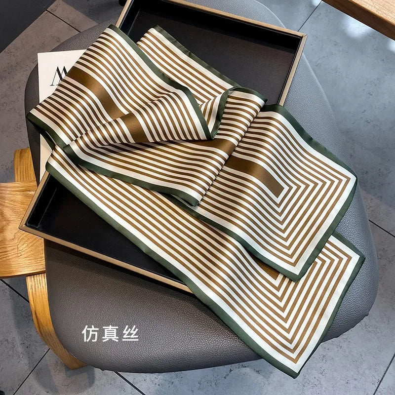 Skinny Ribbon Silk Scarf Women Luxury Stripe Print Hairband Neckerchief Foulard Female Headband Lady Soft Satin Waistband Gift