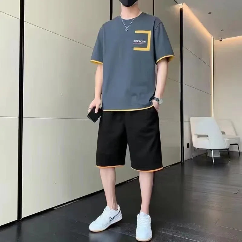 Summer New Men's Casual Suit Short Sleeve T-shirt Shorts Two-piece Set Sports Whole Set Student Style