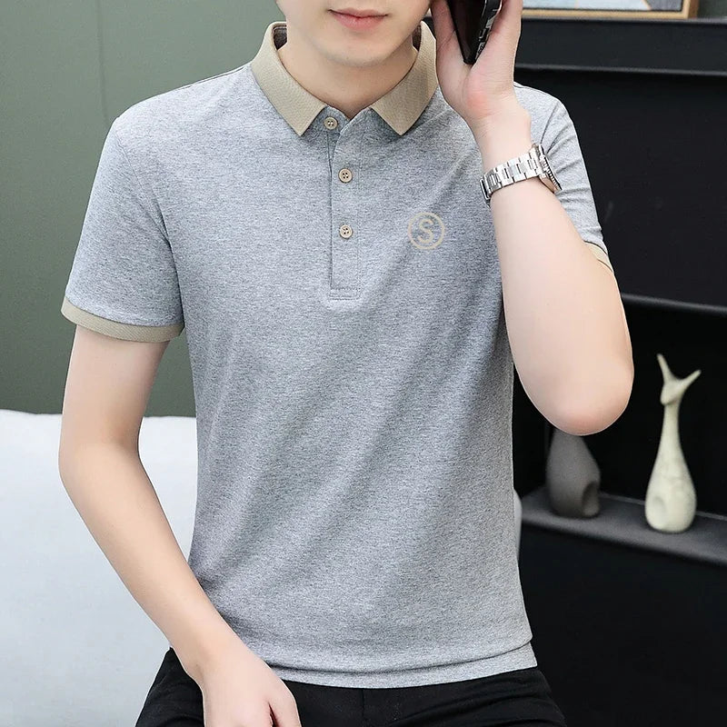 TFETTERS 2025 Summer Sport T Shirt Men Turn Down Hit Color Collar Short Sleeve Cotton T-shirt for Man New in Tops & Tees 4XL