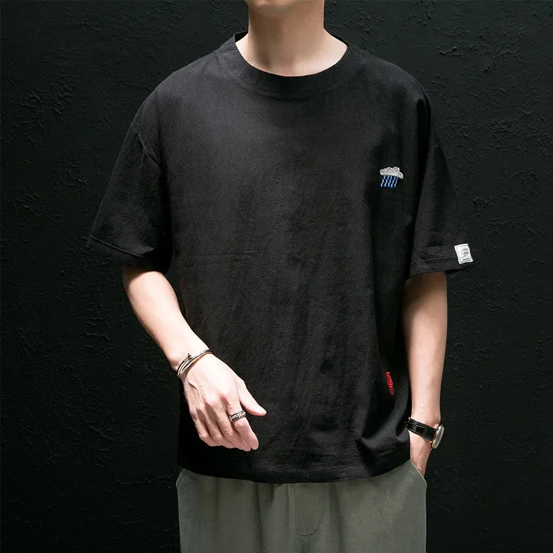 Men's Cotton Linen Short Sleeve T-shirt Loose Fit Casual Round Neck Design Chinese Style Embroidery Summer Fashion