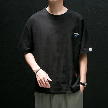 Men's Cotton Linen Short Sleeve T-shirt Loose Fit Casual Round Neck Design Chinese Style Embroidery Summer Fashion