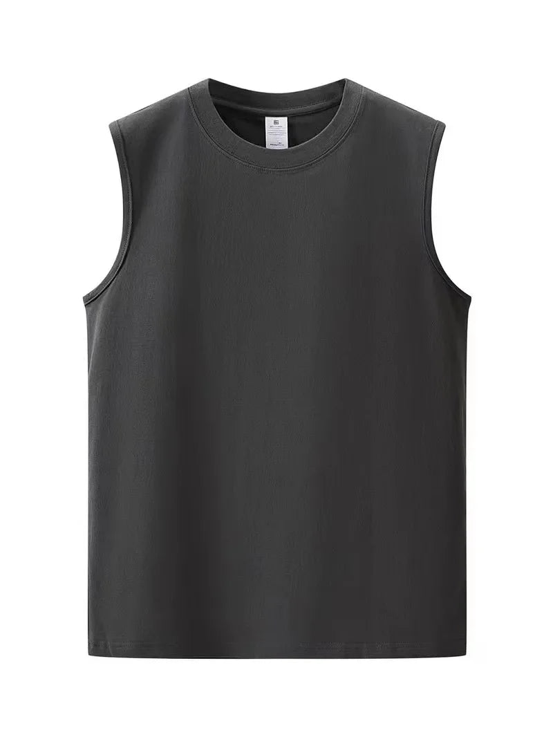 200g Heavy Cotton Sleeveless T-Shirt Men Women's Summer Sports Vest White Loose-Fit Shoulder Vest Solid Color Cotton Sweatshirt